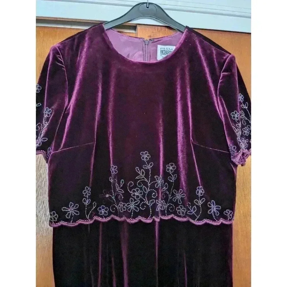Vintage Burgundy Velvet Bead Embroidered Dress Size 14P Karen Kwong - Picture 6 of 7